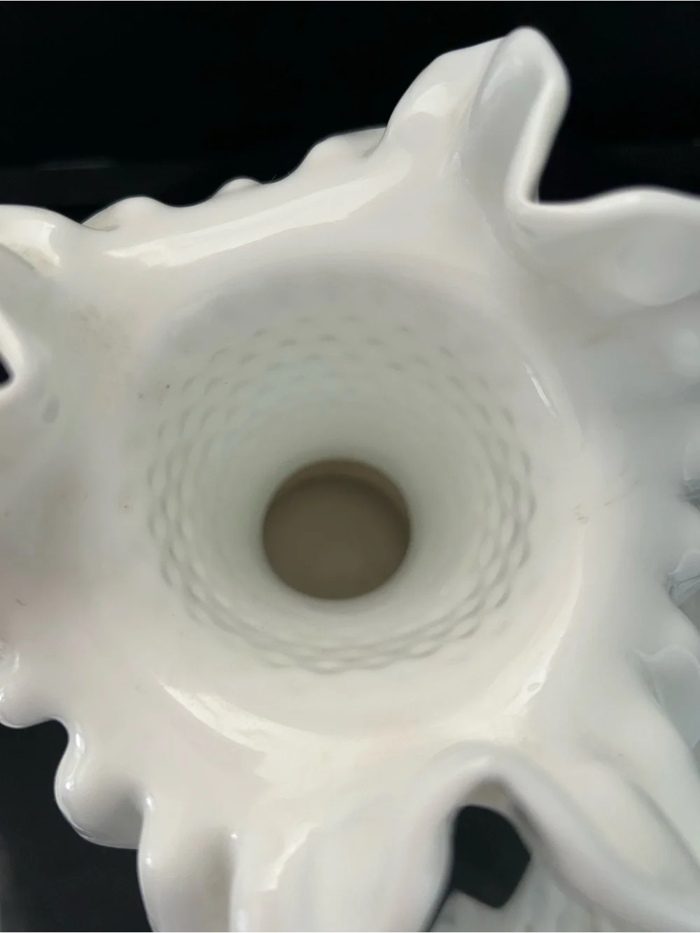 Fenton White Milk glass Hobnail Ruffled Crimped Top Vase